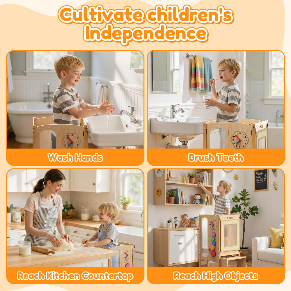 FlyingBoom toddler tower adjustable height to grow with child.