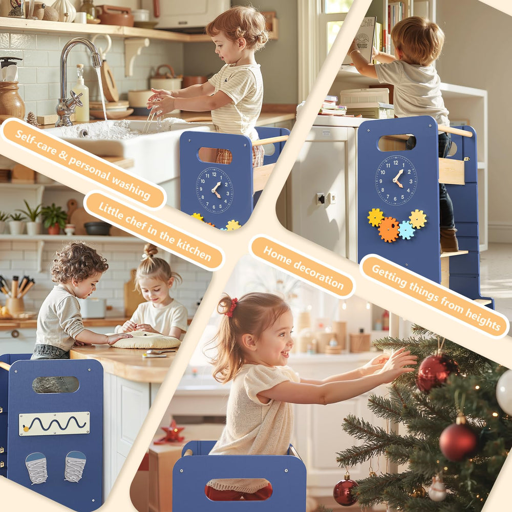 FlyingBoom Toddler Tower highchair mode for safe meals at counter height.