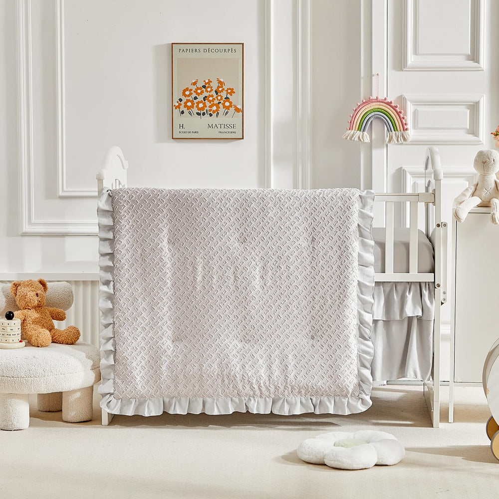 Flysheep gray ruffled comforter featuring jacquard tufted design for a stylish nursery.