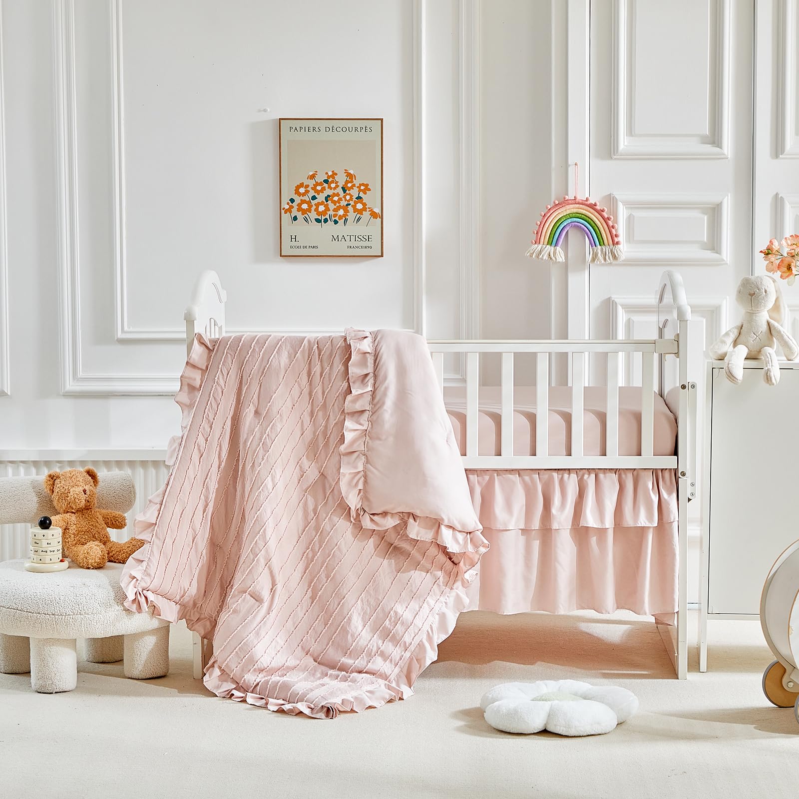 Flysheep pink ruffled comforter showcases Boho chic style for nursery