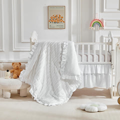 Flysheep ruffle-fringe edge detail adds charming framing to crib setup.