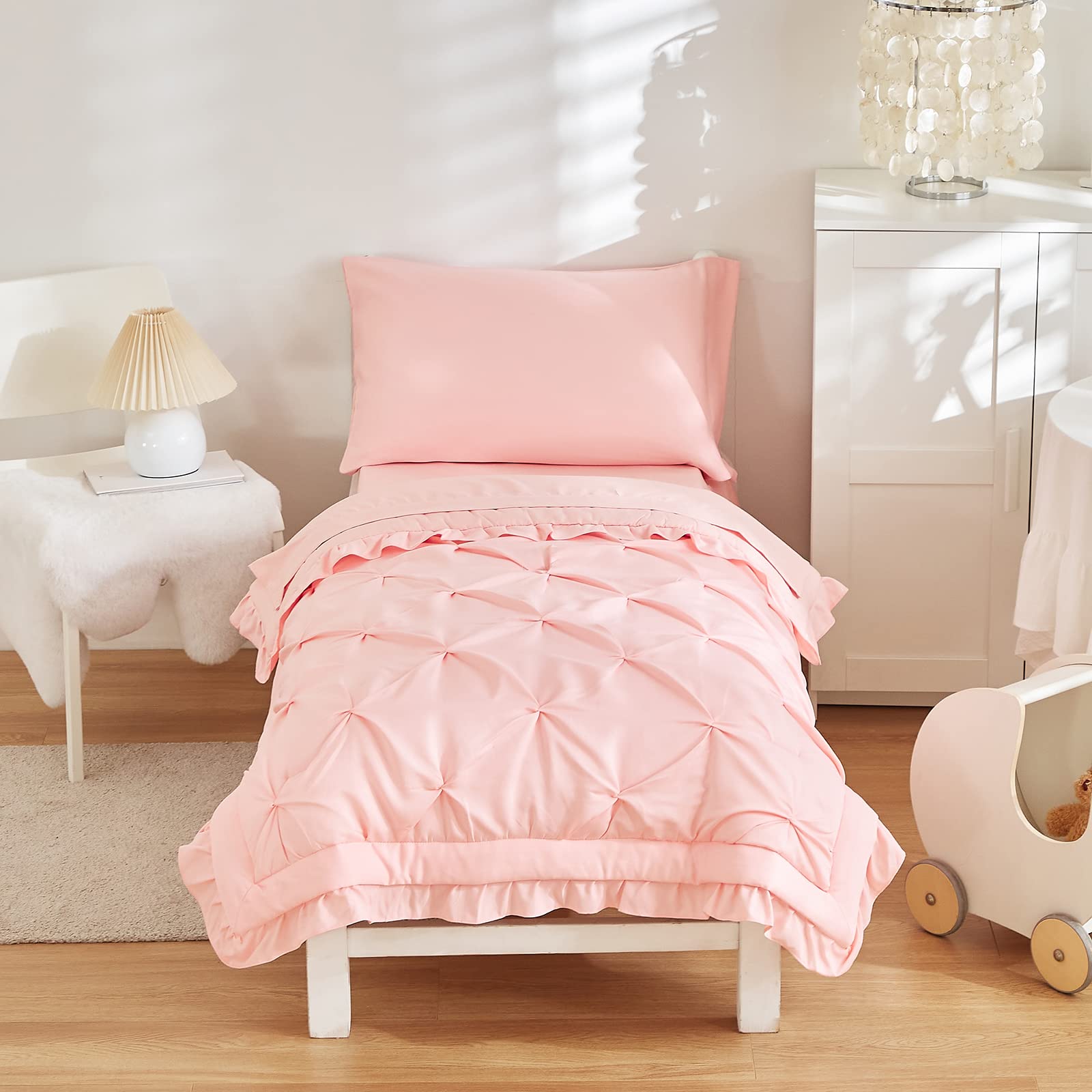 Flysheep toddler bedding comforter pink with pinch pleats for cozy warmth