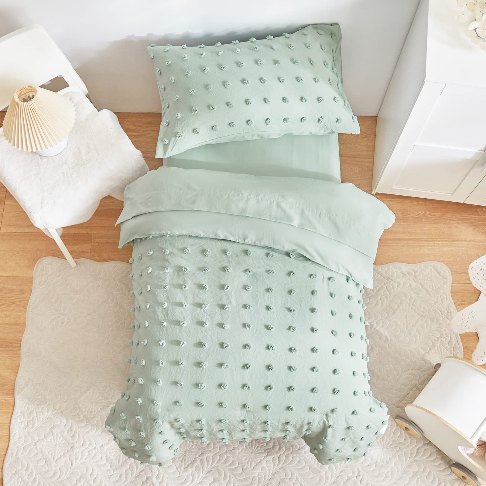Flysheep tufted dots flat sheet in sage green offers breathable all-season comfort