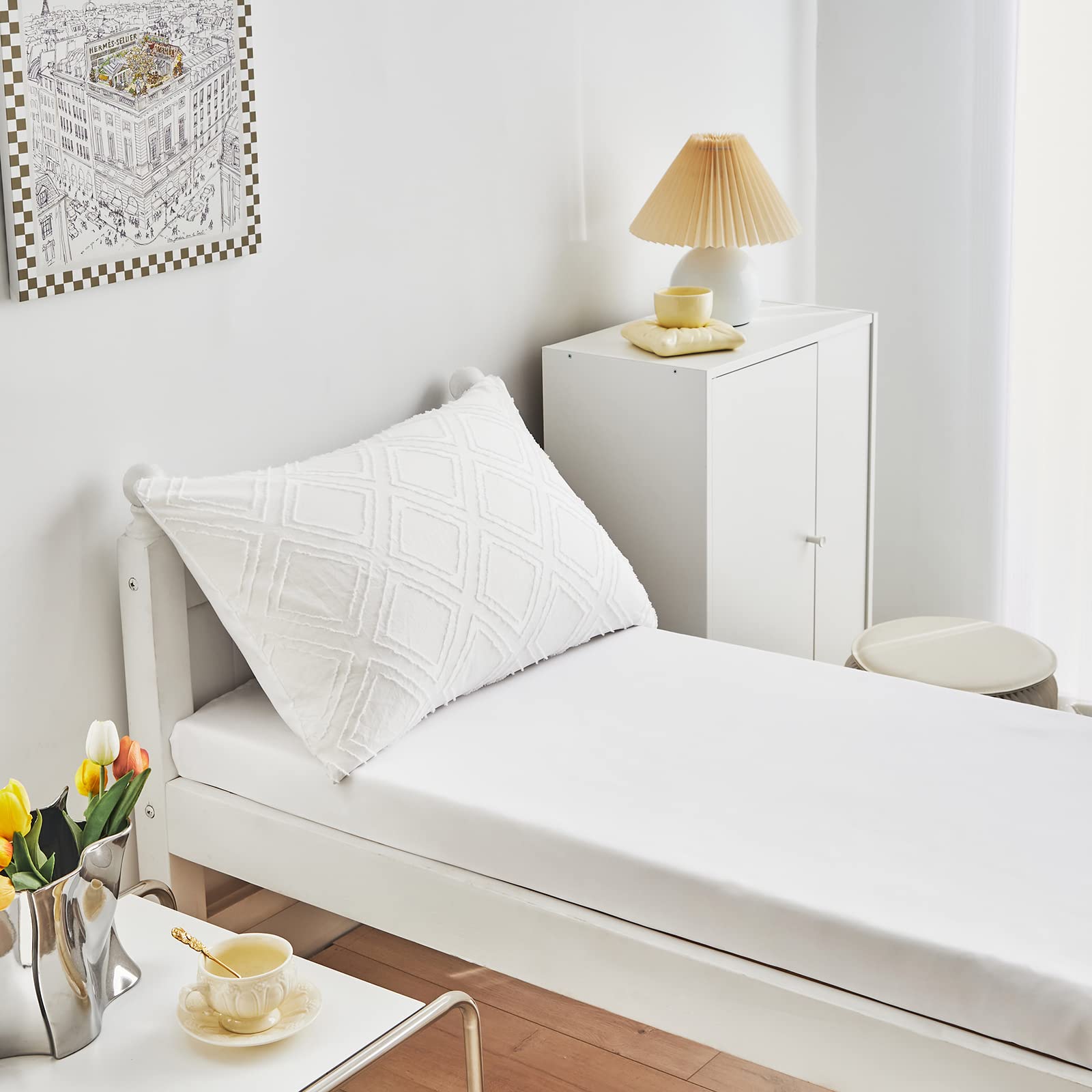 Flysheep tufted embroidery detail showcases chic jacquard pattern on white bedding