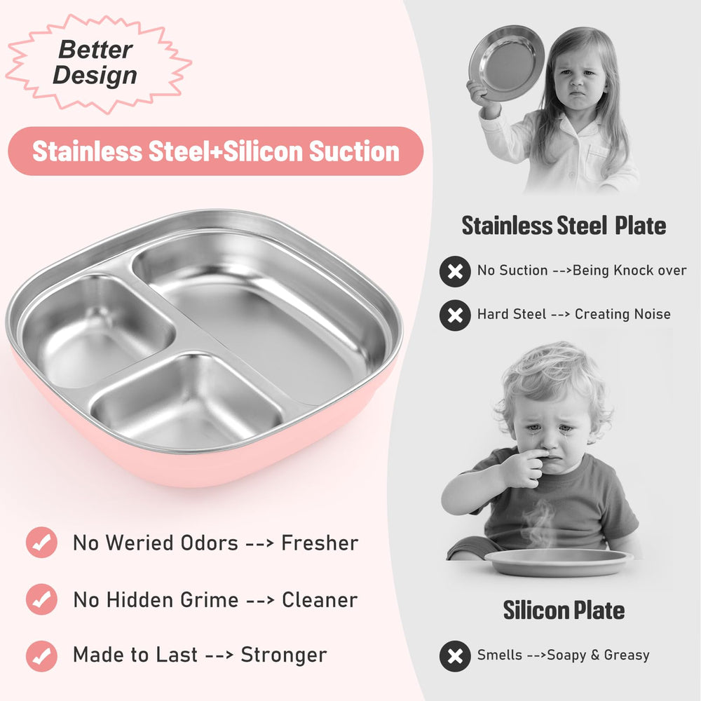 Flysich BPA-free stainless plate close-up highlighting safe, durable construction.