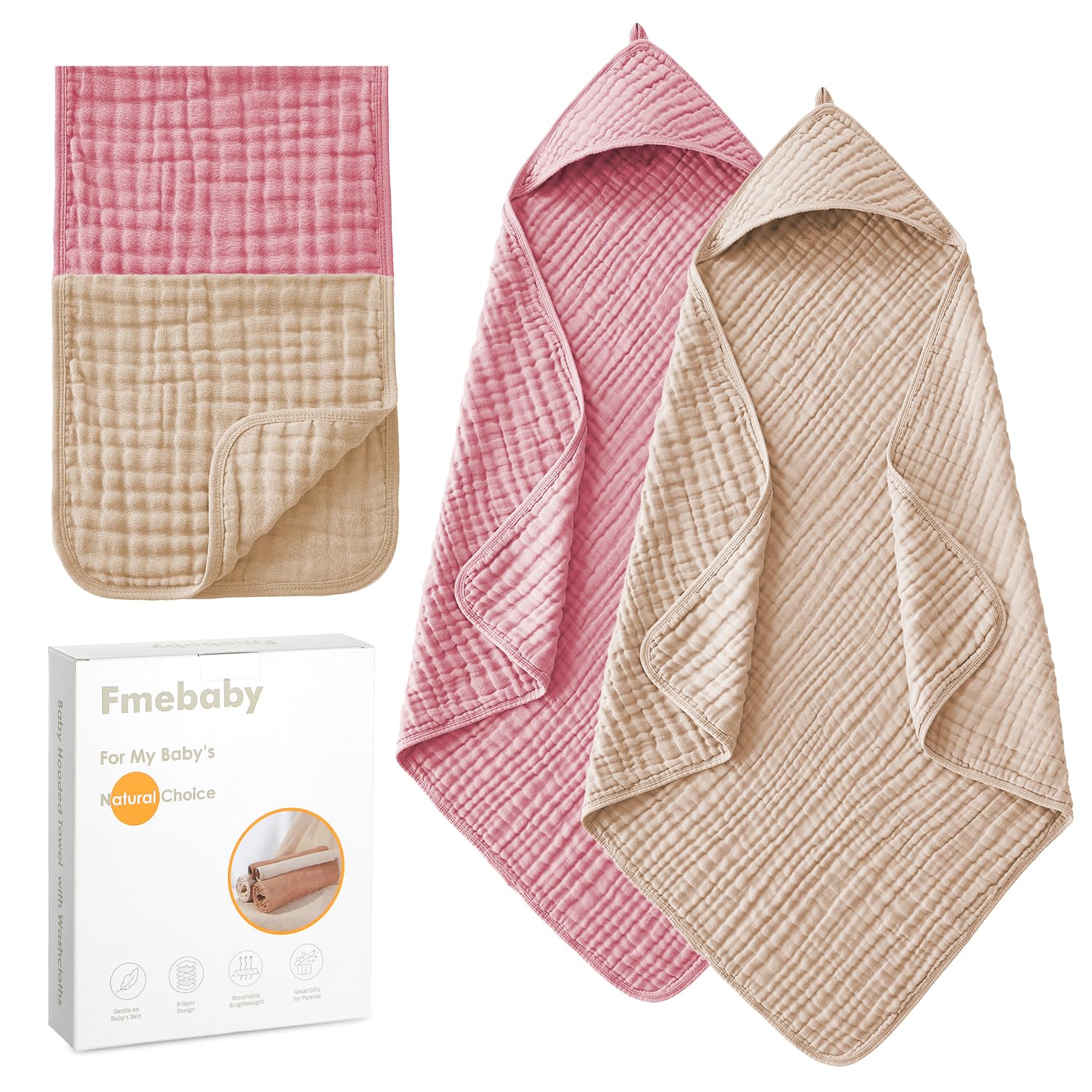 Fmebaby hooded towel pink apricot folded, highlighting soft muslin texture for gentle bath time