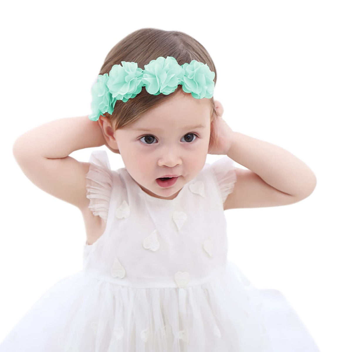 Fmeida baby girls headband in light green flower crown, ideal photography prop.