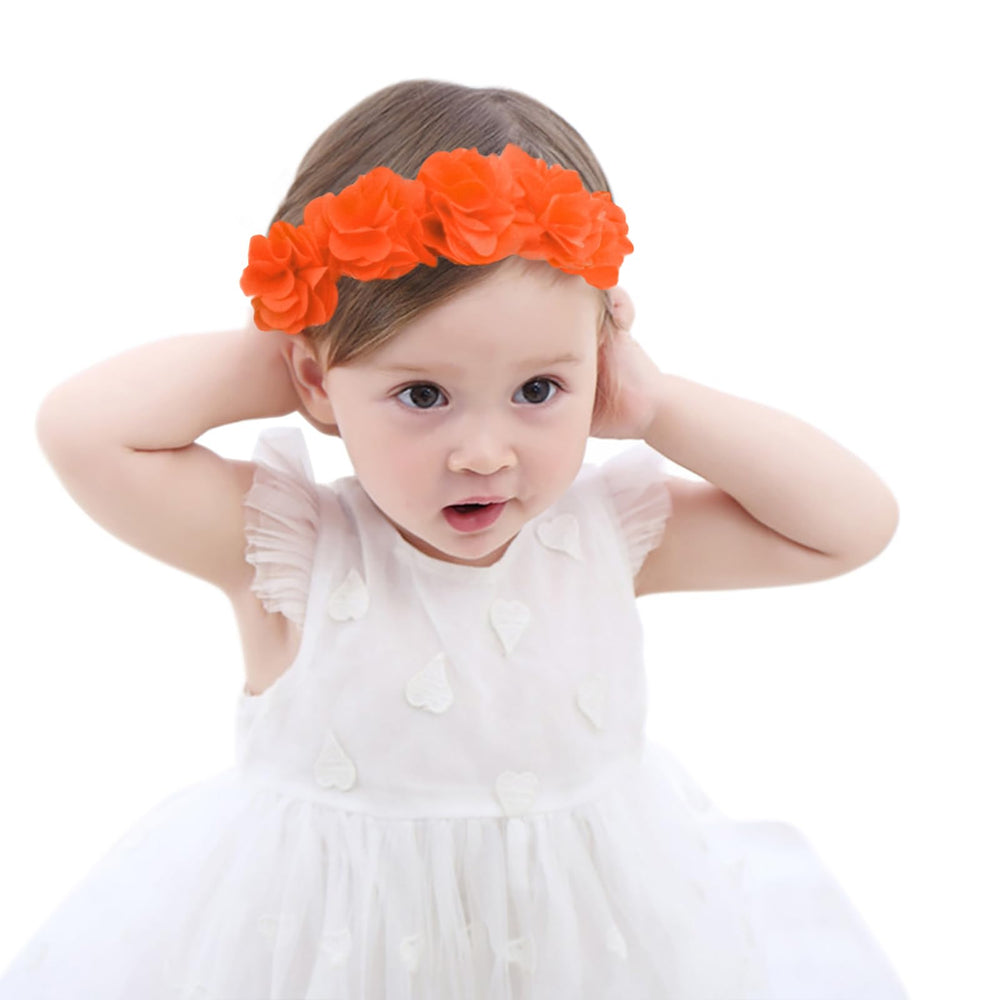 Fmeida baby Halloween headband with orange flower crown; soft fit for photoshoots.