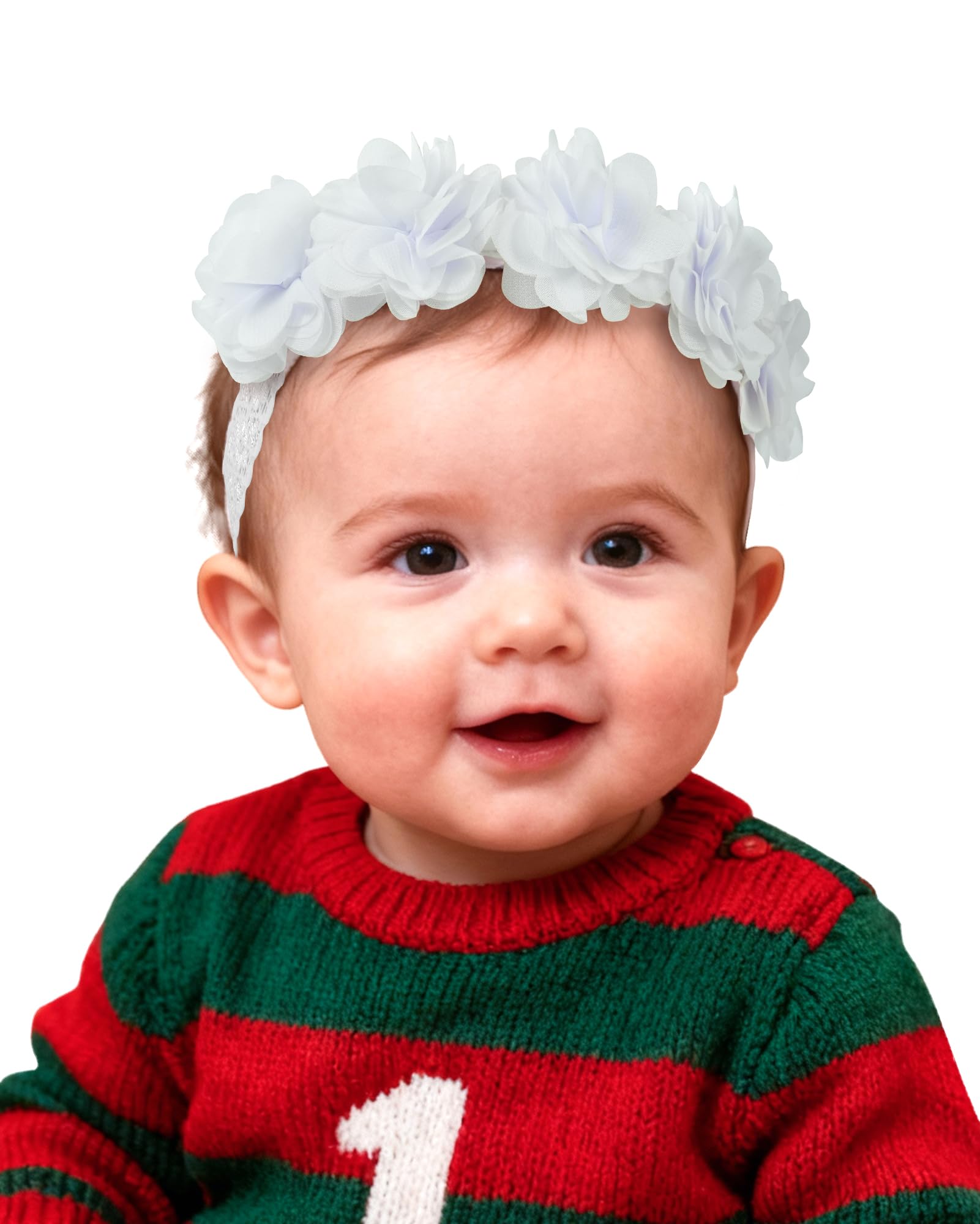Fmeida baby headband chiffon flower white on infant, ideal for adorable photoshoots.