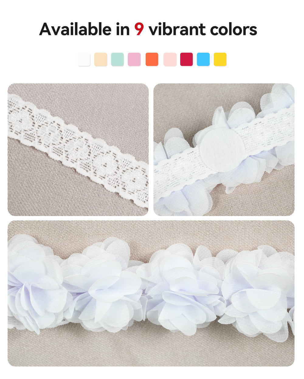 Fmeida chiffon headband close-up highlights natural whiteness and delicate fabric.