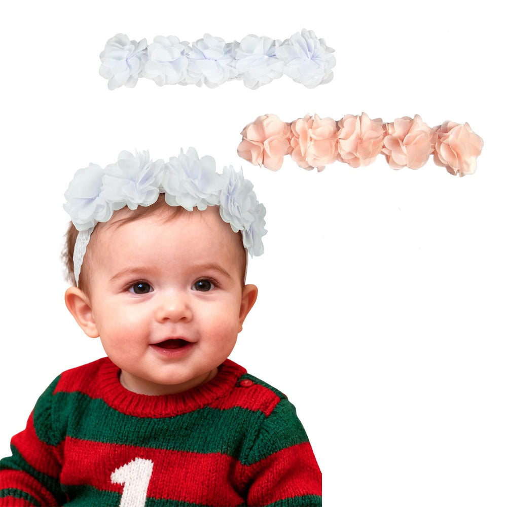 Fmeida flower crown baby headband peach-white on a baby girl, perfect for photo shoots.