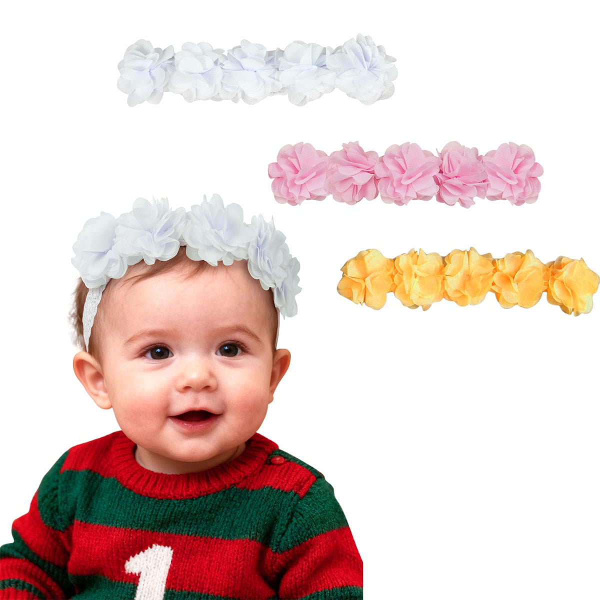 Fmeida flower headband closeup, soft chiffon and comfy fit for baby photos.