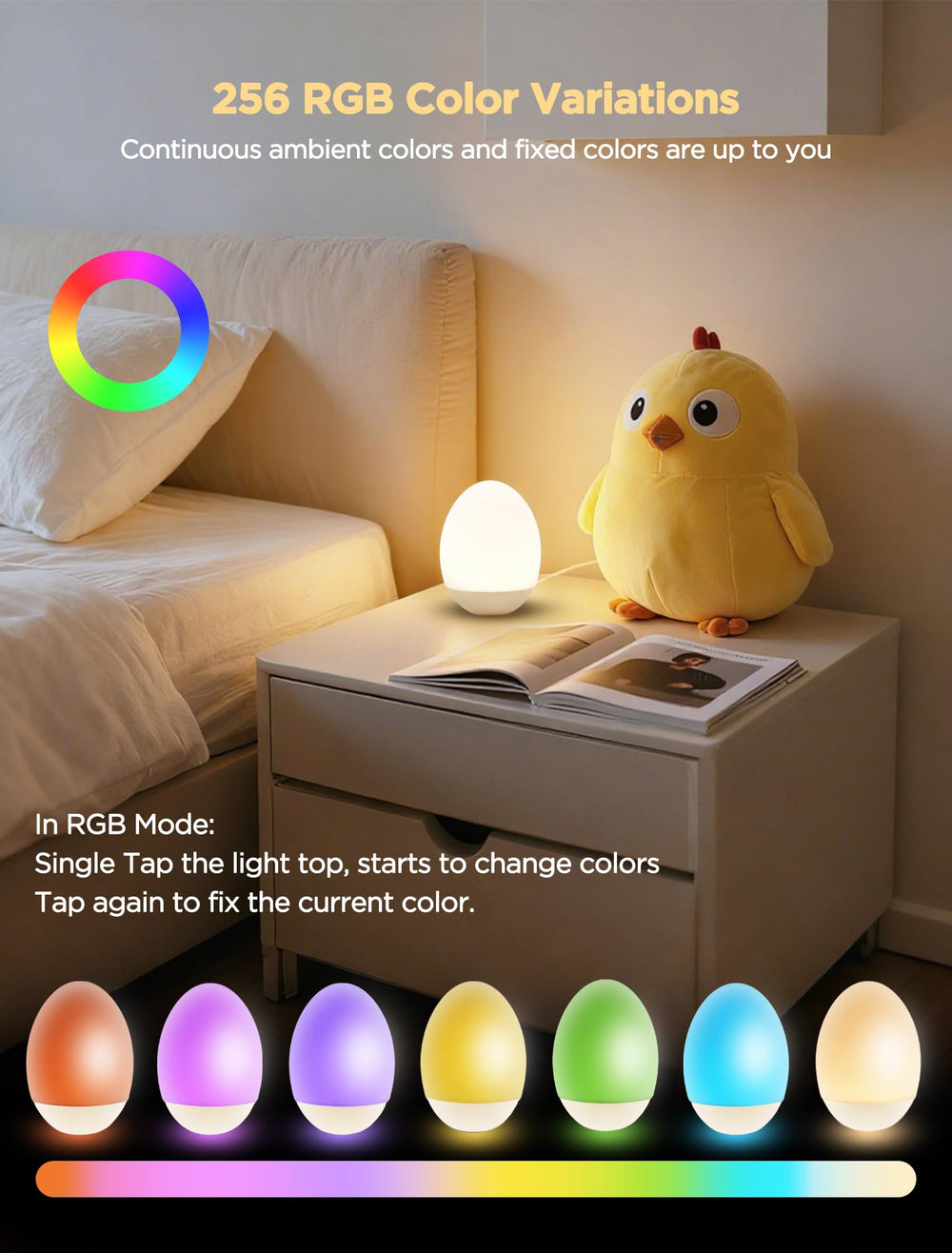 FNMYCO Egg Light rgb-mode demonstrates color-changing ambient lighting for calming nursery ambiance