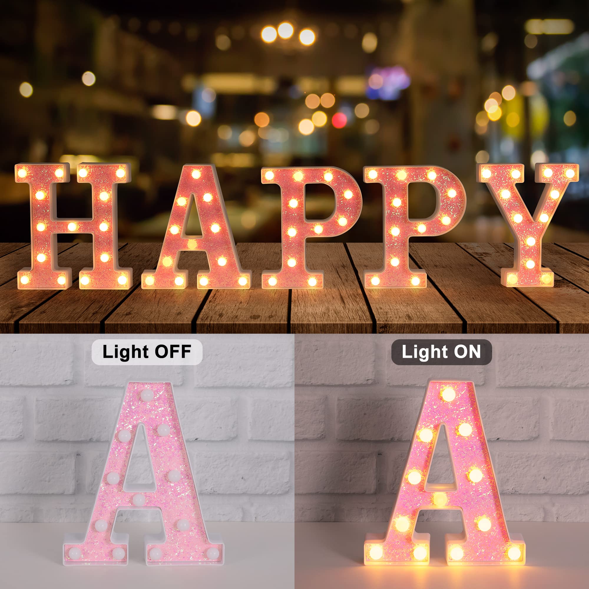Foaky pink bling letters closeup highlighting glitter finish and festive glow.