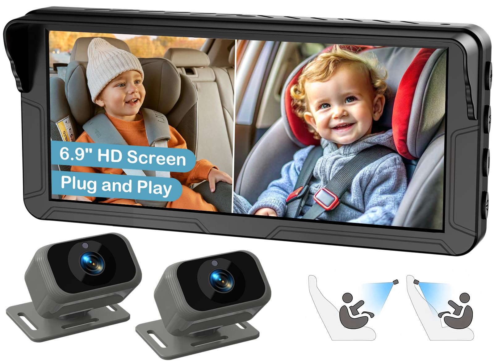 Fodkh dual baby car camera setup shows two live views for safe road monitoring