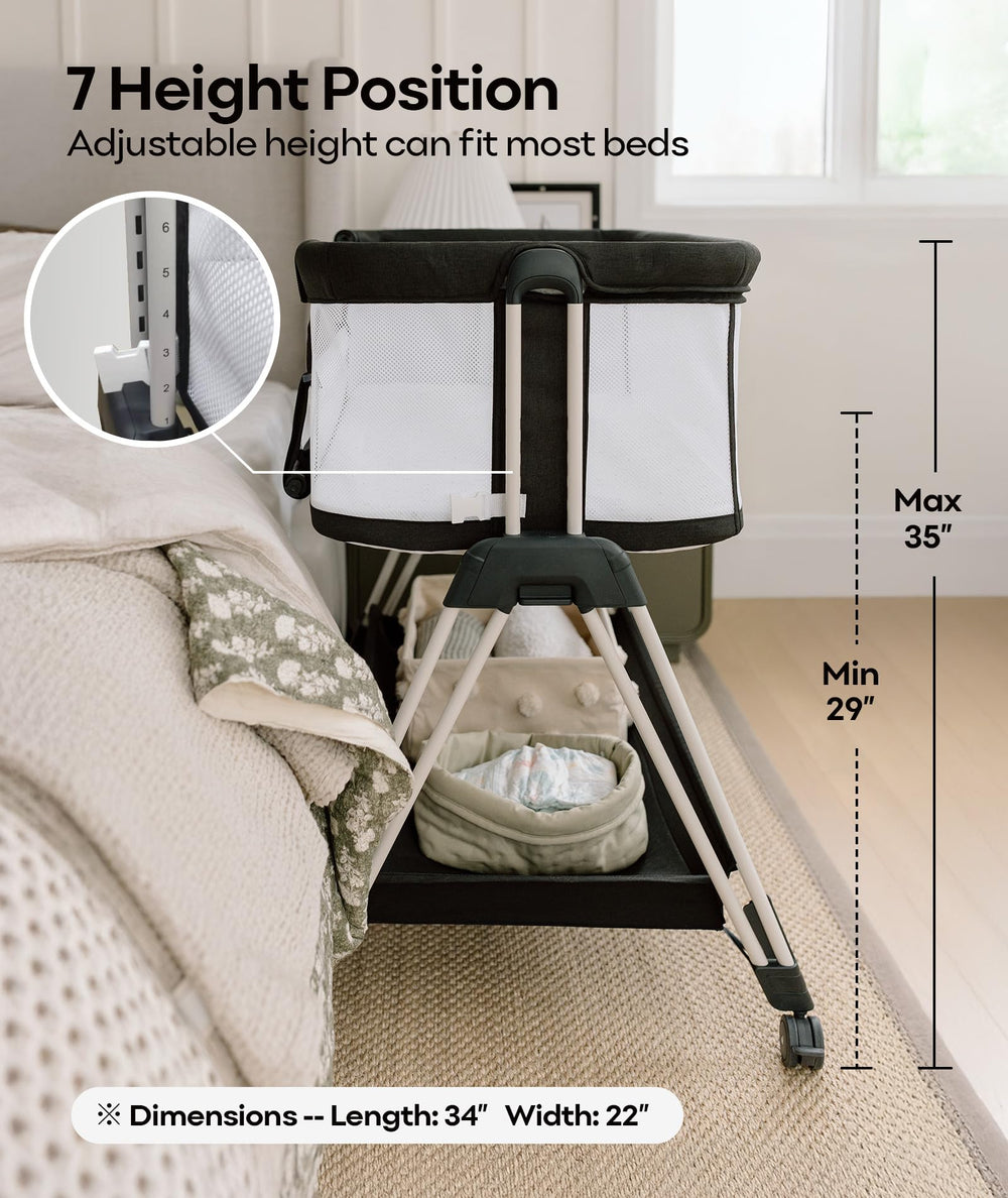 Fodoss folding-design bassinet demonstrates compact storage for small spaces.