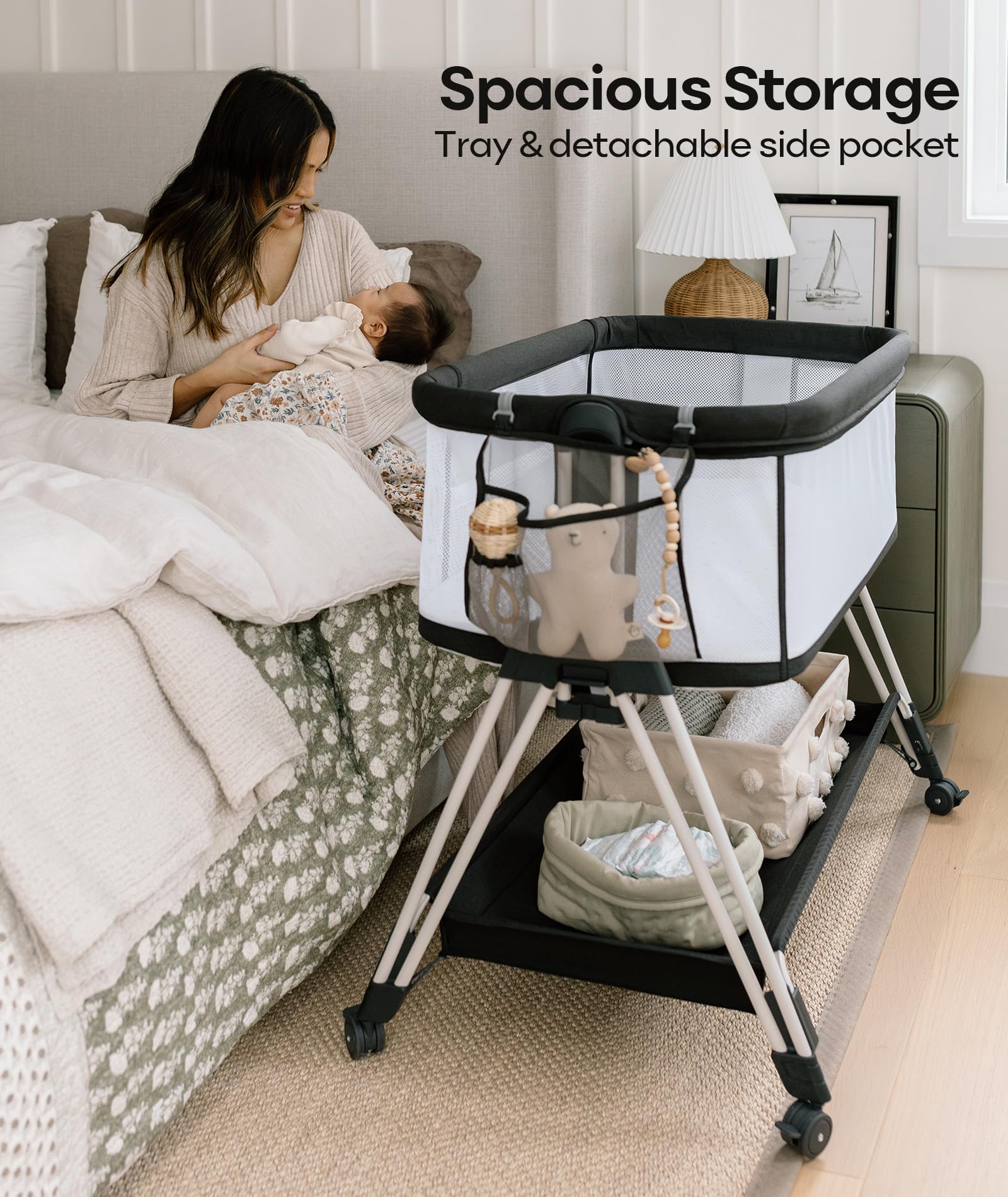 Fodoss storage tray keeps diapers and essentials within easy reach during feeds.