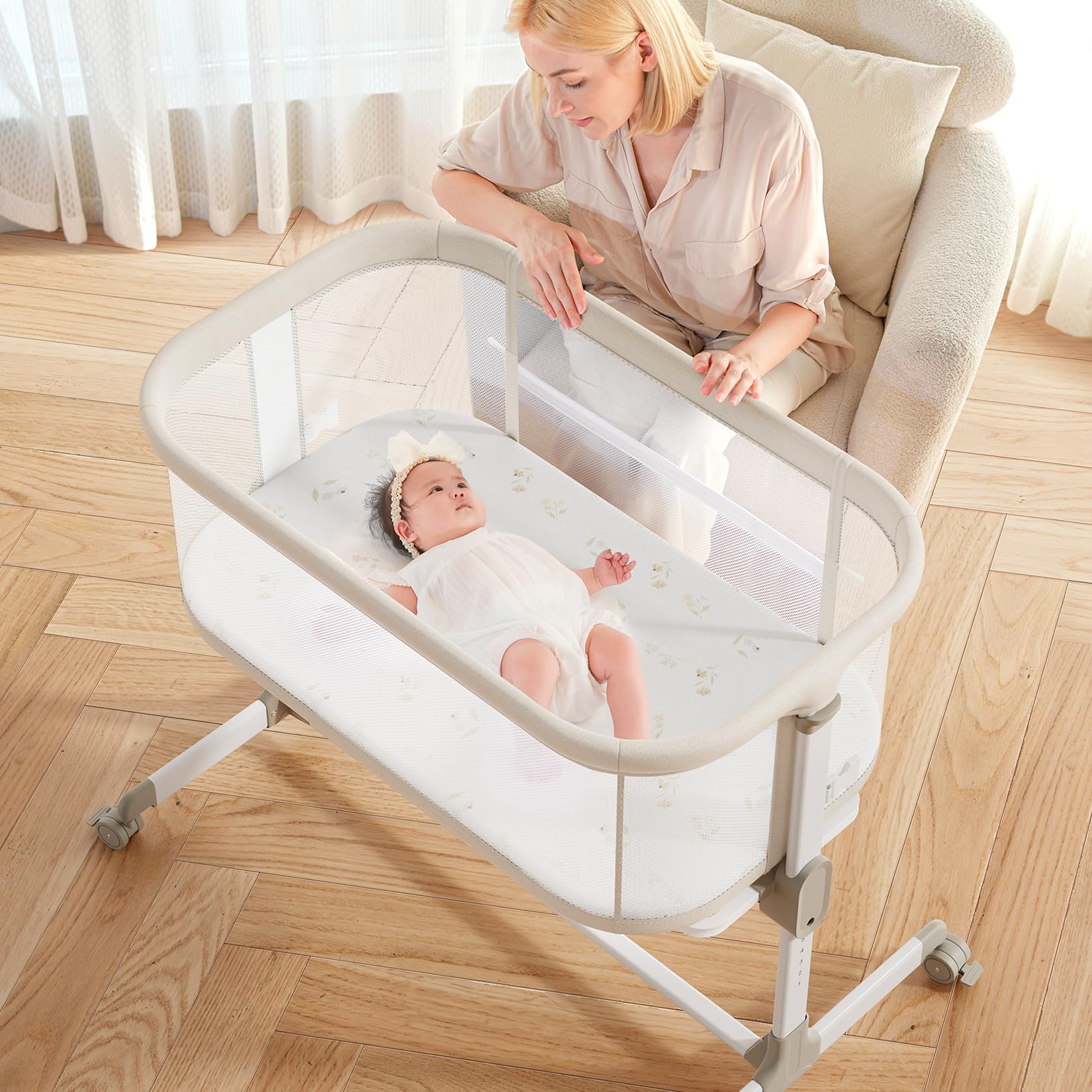 Fodoss Baby Bassinet bedside-sleeper mesh—breathable design for closeness and comfortable newborn sleep