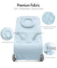 Fodoss Baby Bouncer folded blue for travel and storage.