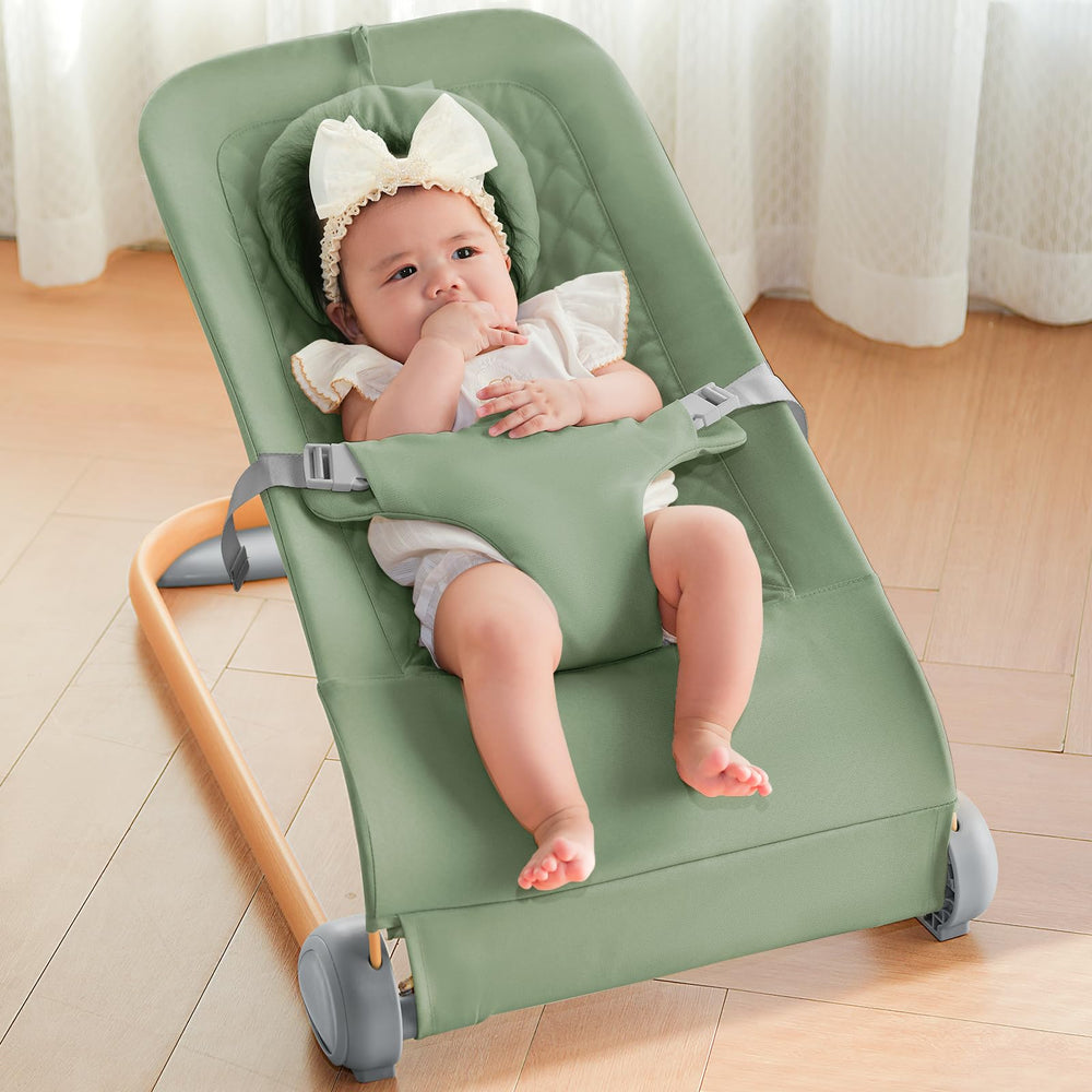 Fodoss baby bouncer green seat with natural bounce supports infant comfort.