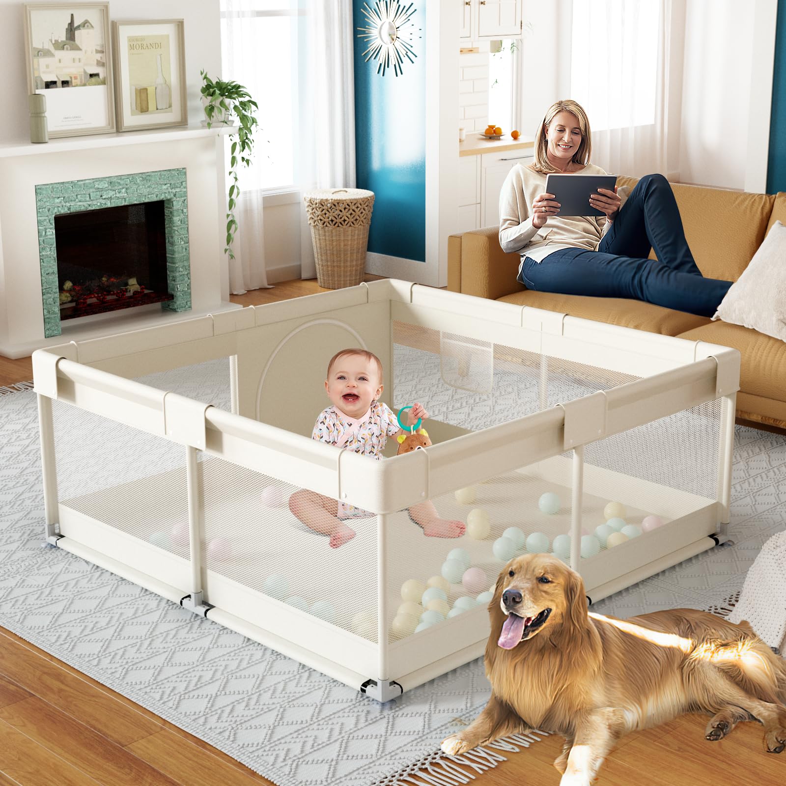 Fodoss Beige Baby Playpen blends with home decor for safe play