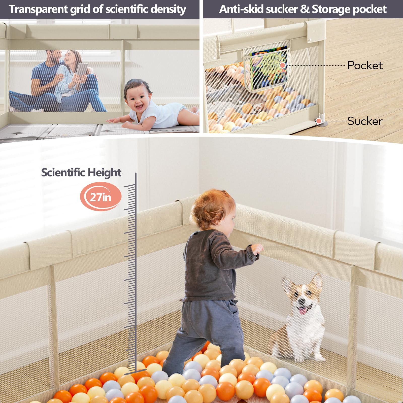 Fodoss baby playpen beige living room setup showing cozy contained play space.