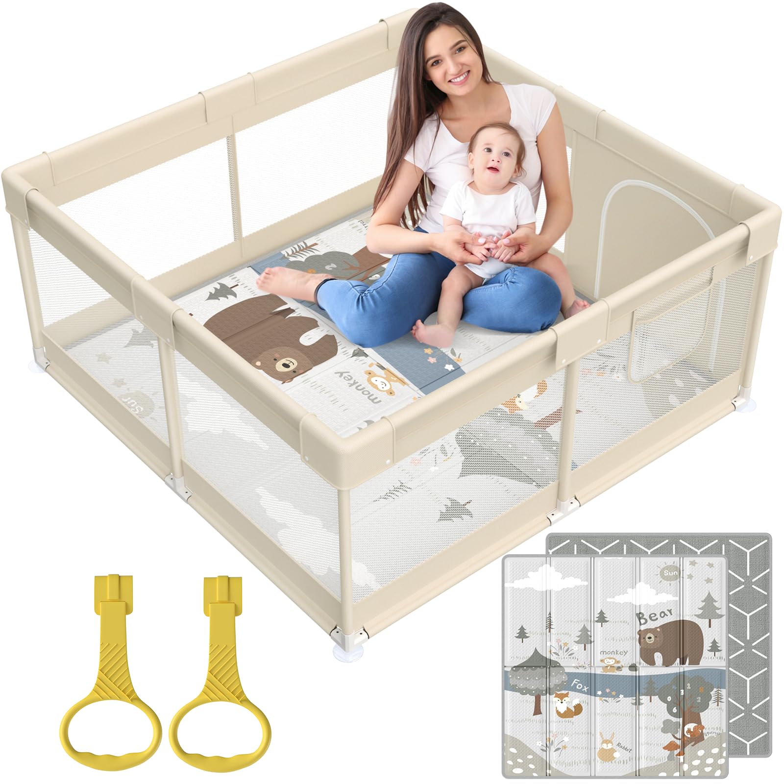Fodoss baby playpen beige mat closeup showing safe play surface for small apartments.