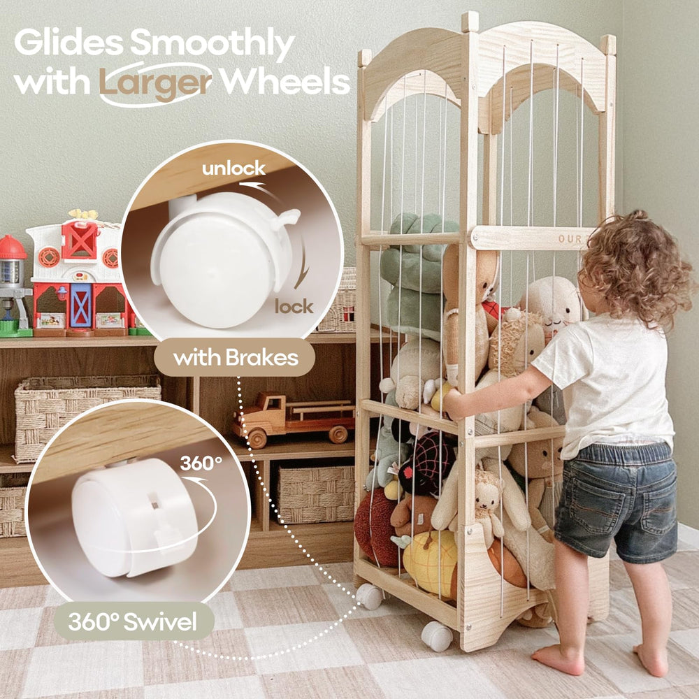 Fodoss stuffed animal storage with wheels demonstrates smooth, lockable mobility for room rearrangement