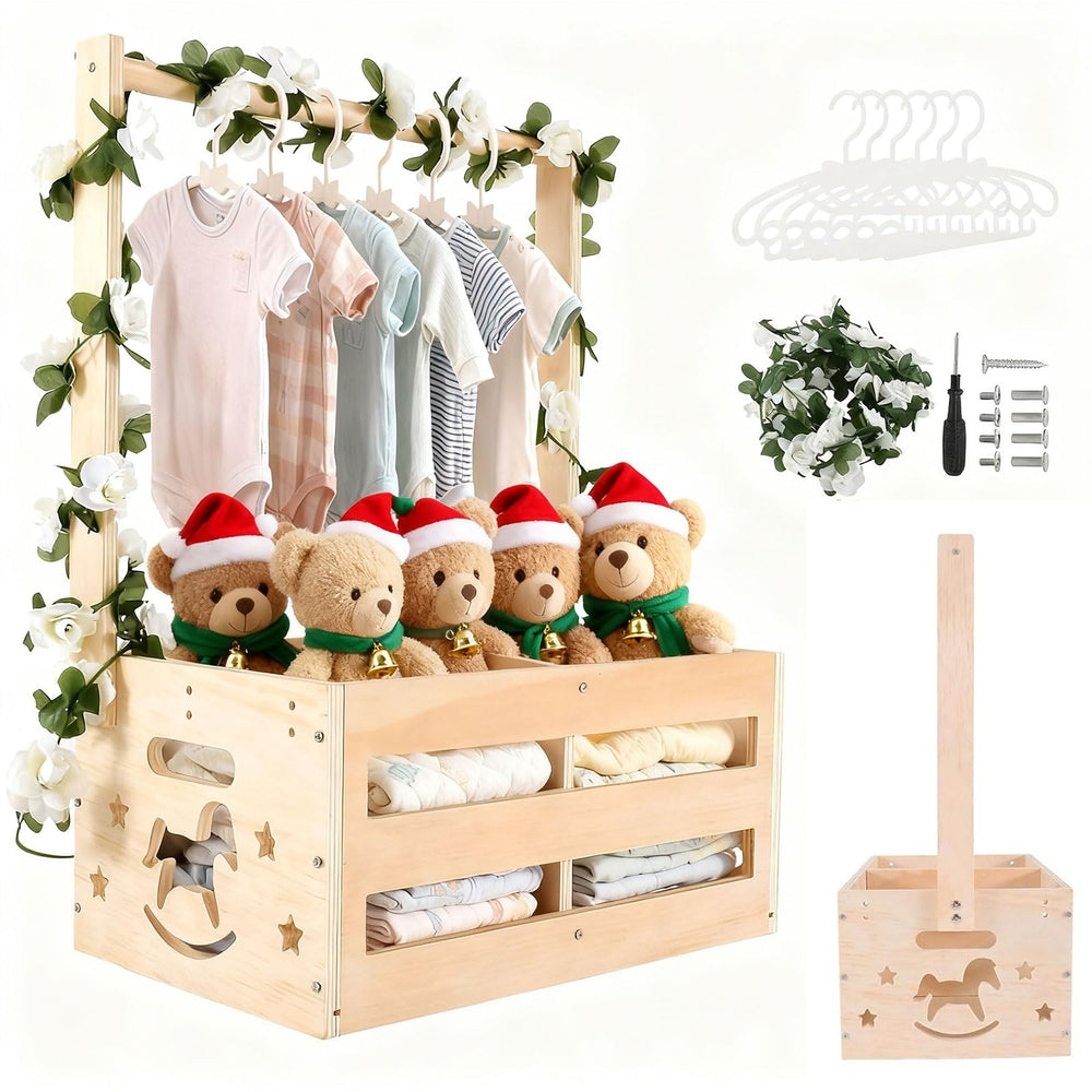 Foileon Baby Shower Crate Closet front view in natural wood, ideal for gifting.