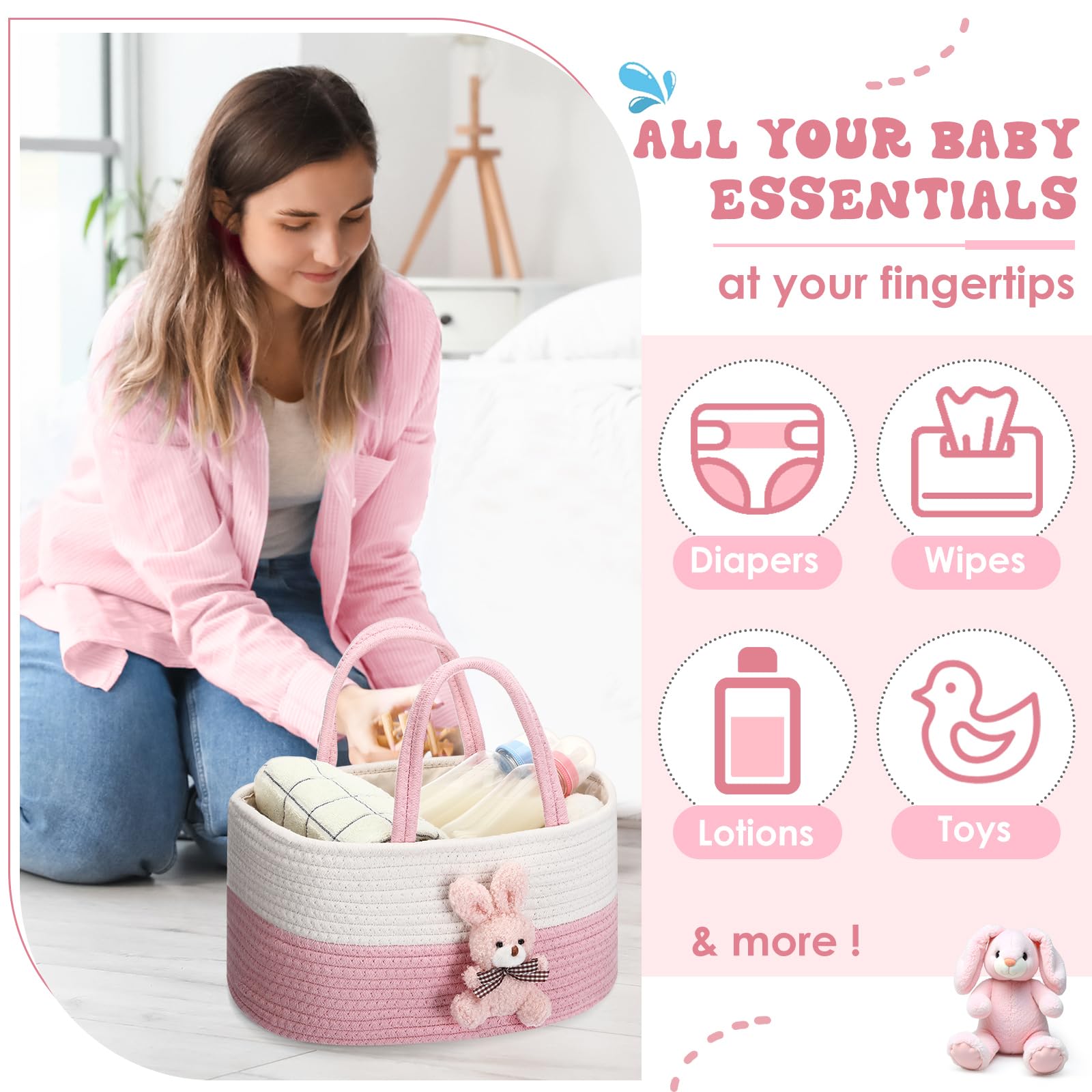FoldTier Bunny Diaper Caddy on changing table compact size saves space.