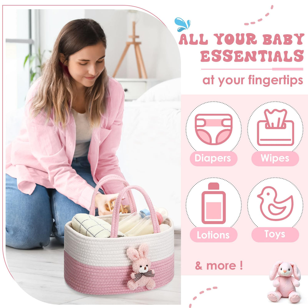 FoldTier Bunny Diaper Caddy on changing table compact size saves space.