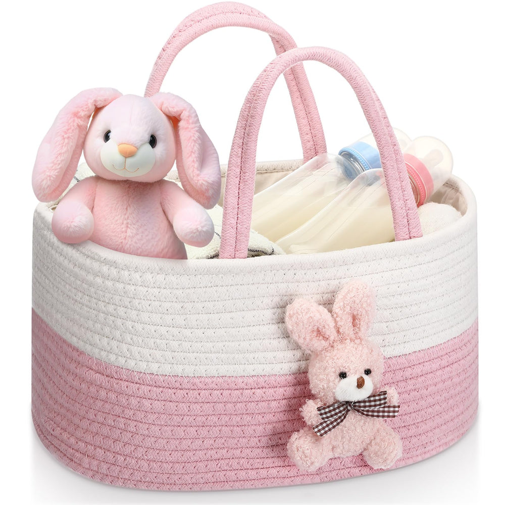 FoldTier Bunny Diaper Caddy front view highlighting organized baby essentials within reach.