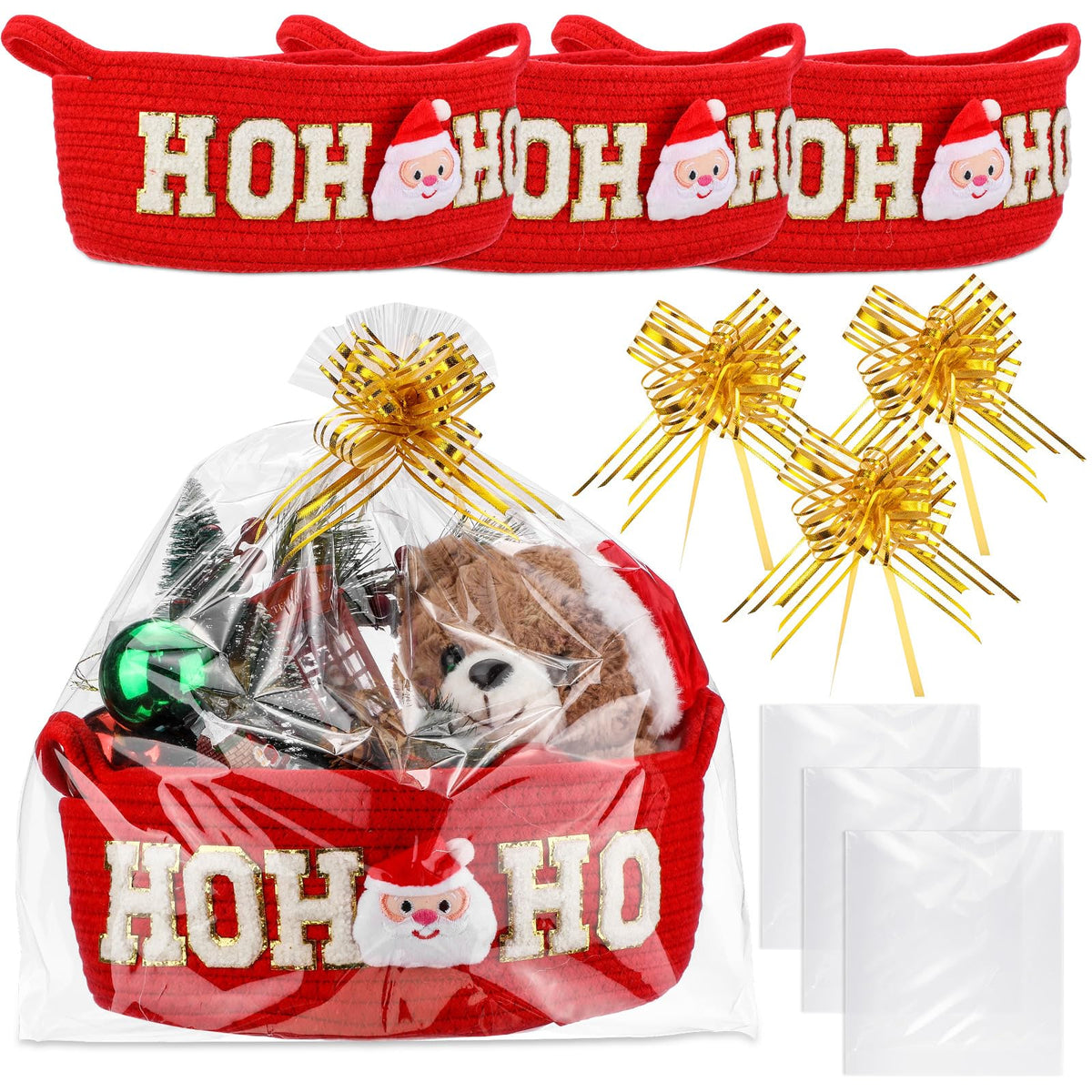 FoldTier Christmas basket set: three red-and-white woven baskets ready for gifts and storage.