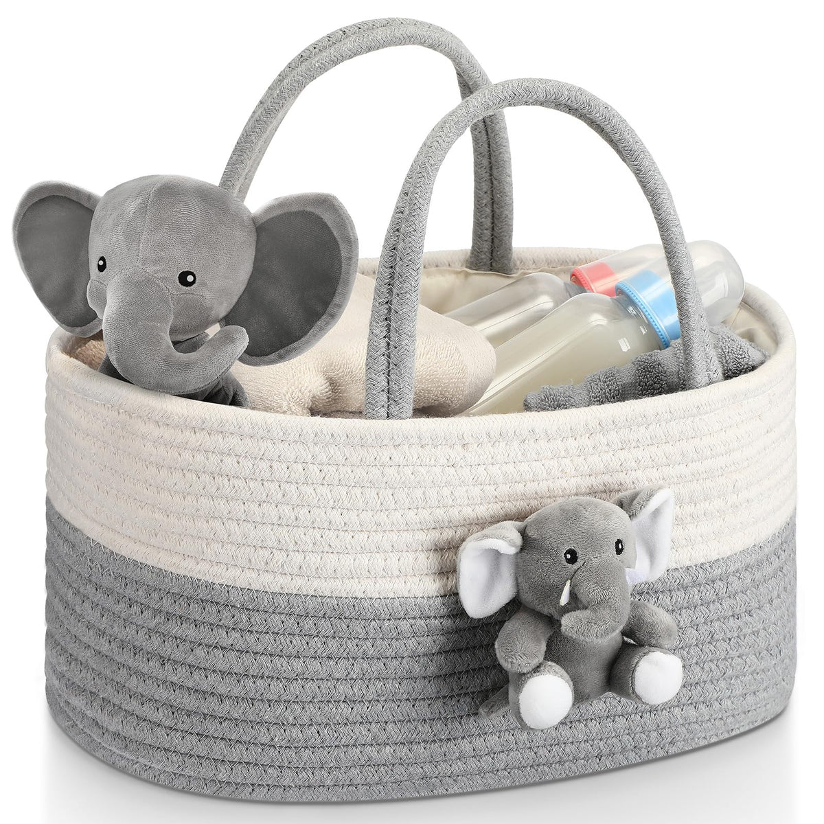 FoldTier Elephant Diaper Caddy front view for easy diaper and wipe access in nursery