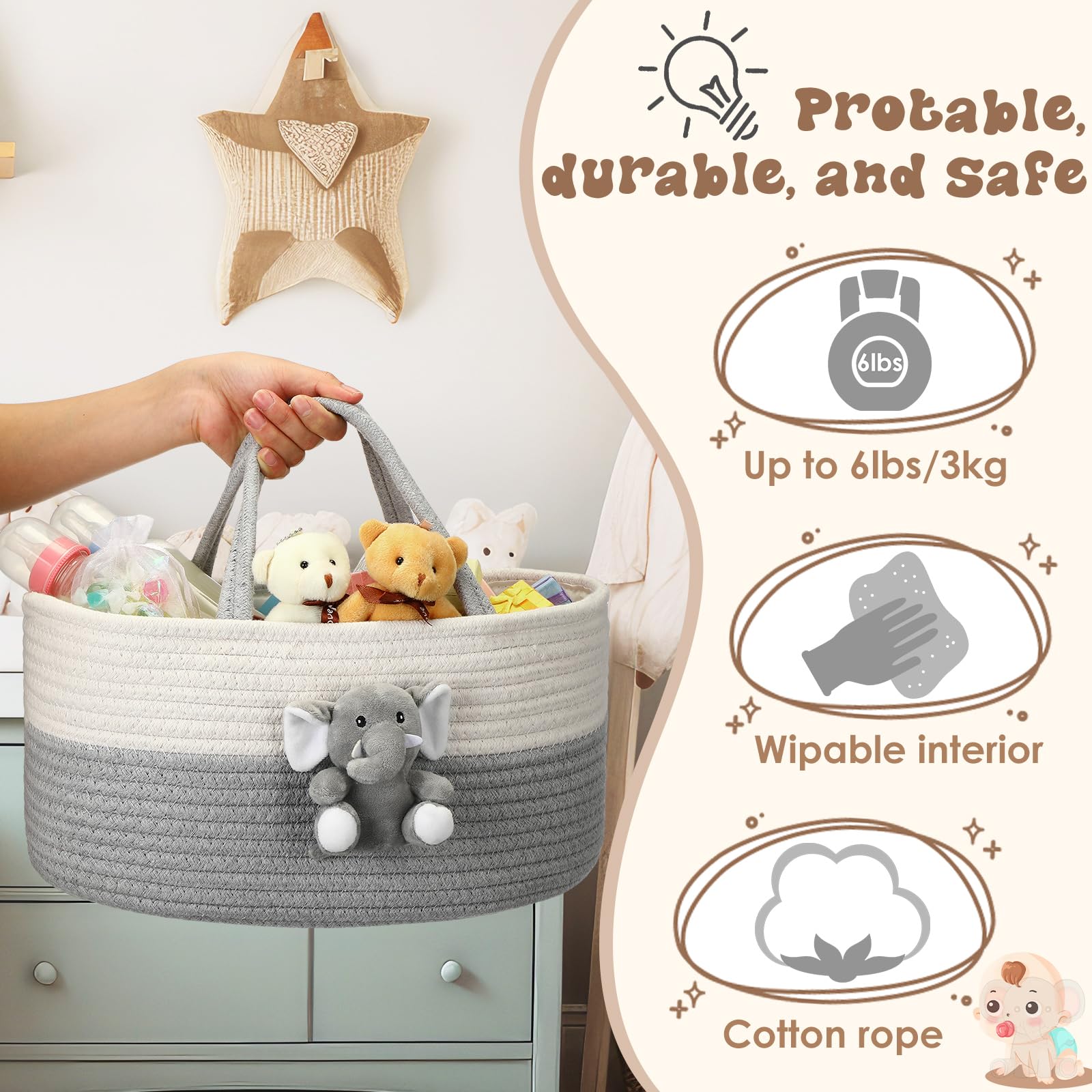 FoldTier Elephant Diaper Caddy handle detail highlights sturdy carrying and easy transport