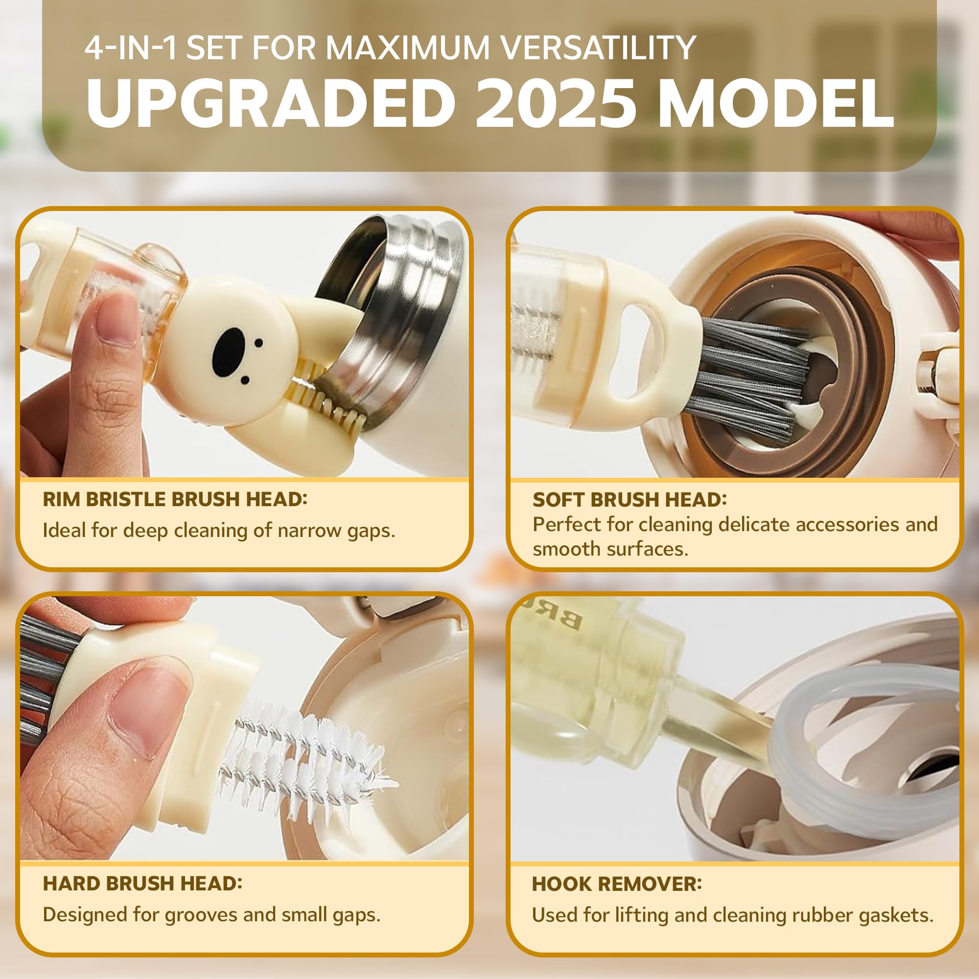 Folisse cup lid cleaner with flower shape reaches cup seals for thorough cleaning.