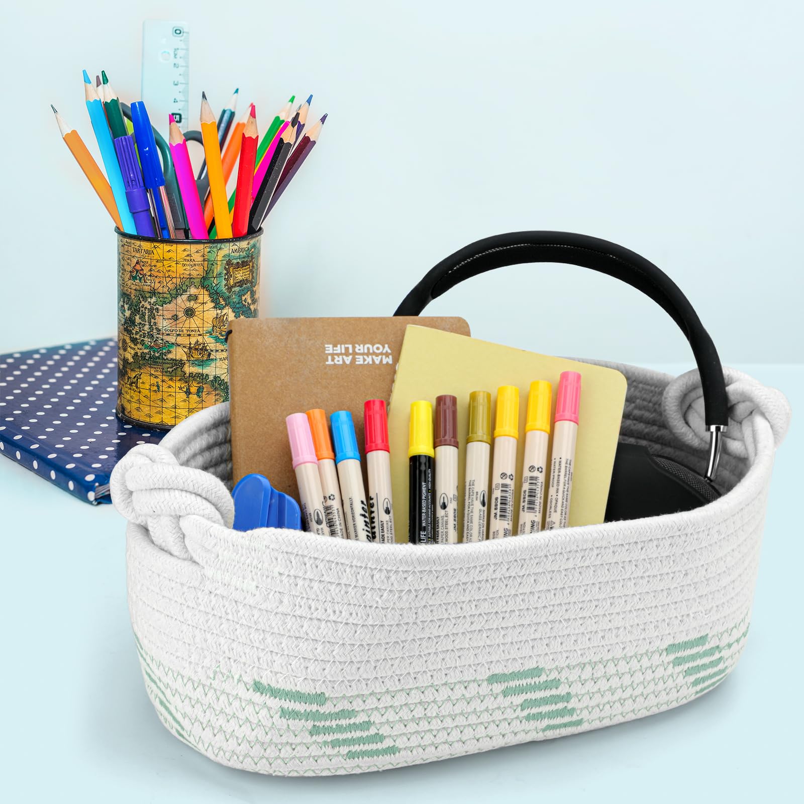 Followarm sage green gift basket handles close-up emphasizes adjustable rope handles for easy transport.