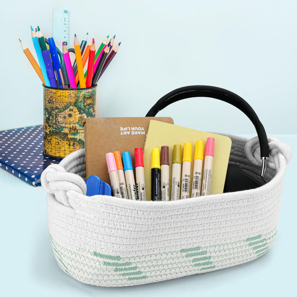 Followarm sage green gift basket handles close-up emphasizes adjustable rope handles for easy transport.