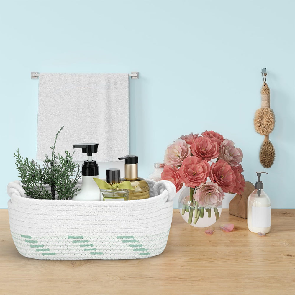 Followarm sage green gift basket side view captures slim profile for shelves.