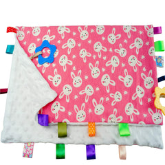 FOMAISELF White Rabbit tag blanket front view, ultra-soft plush for comforting baby at nap time.