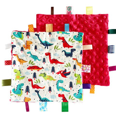FOMAISELF red dinosaur tag blanket front view with plush texture and bright ribbons for baby engagement