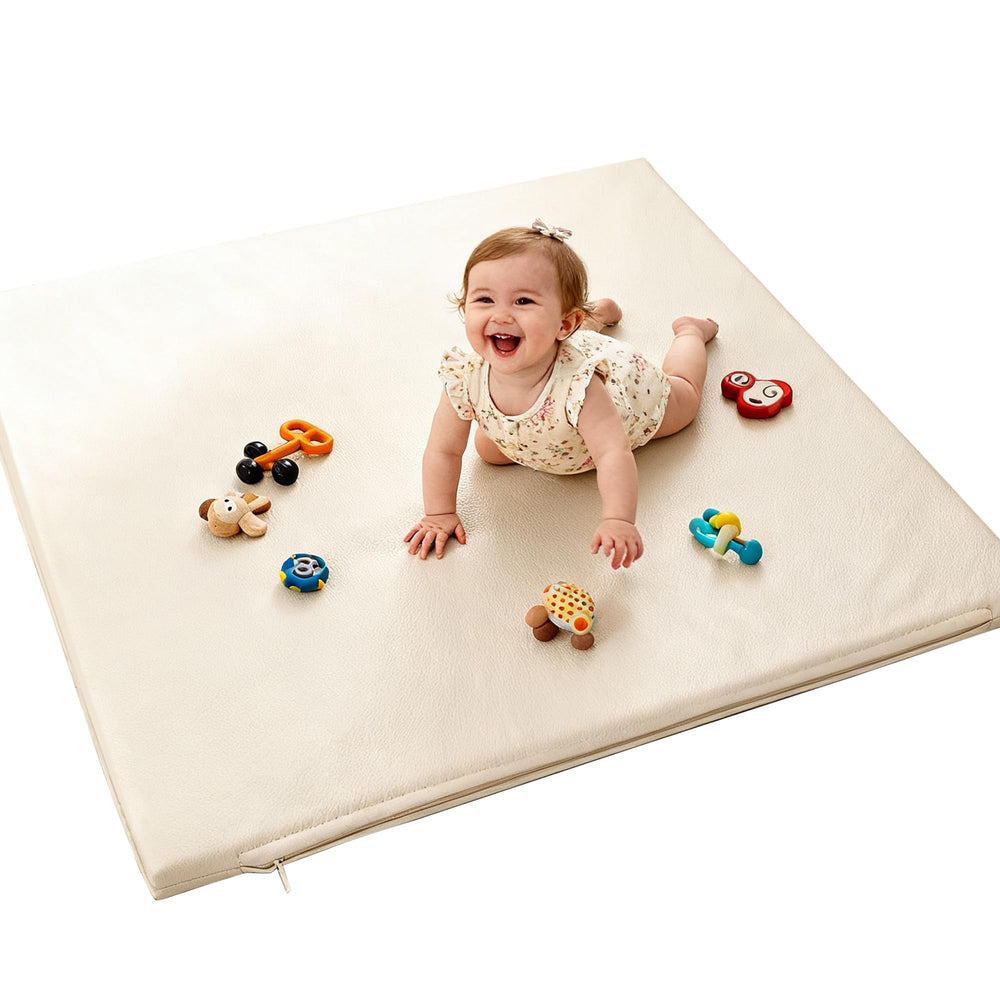 FONESO Baby Play Mat beige closeup shows soft vegan leather for gentle play surface.