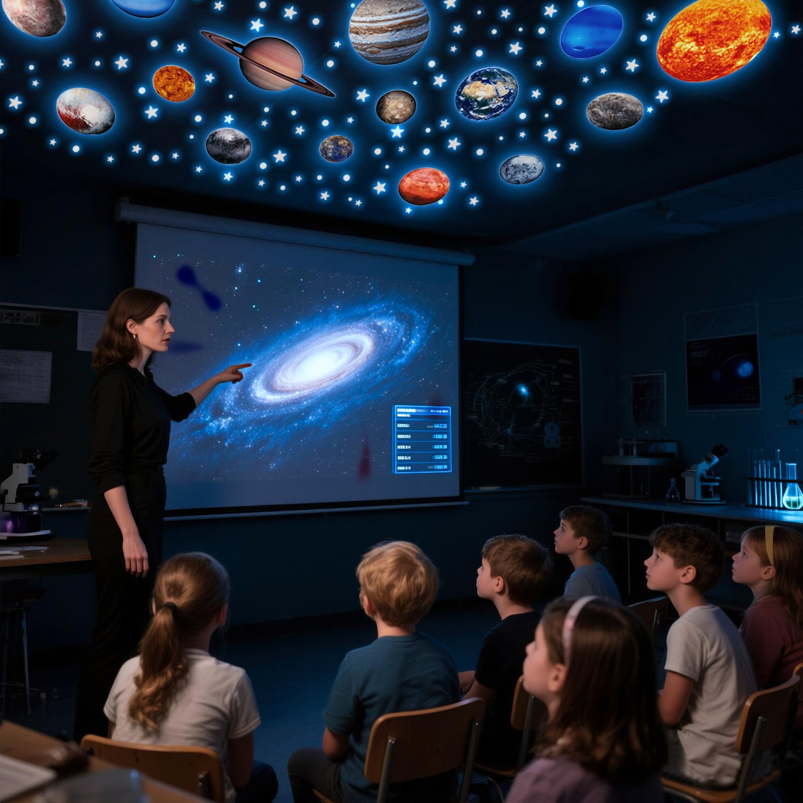 Fontien planets close-up showcasing luminous dots for night-time learning.