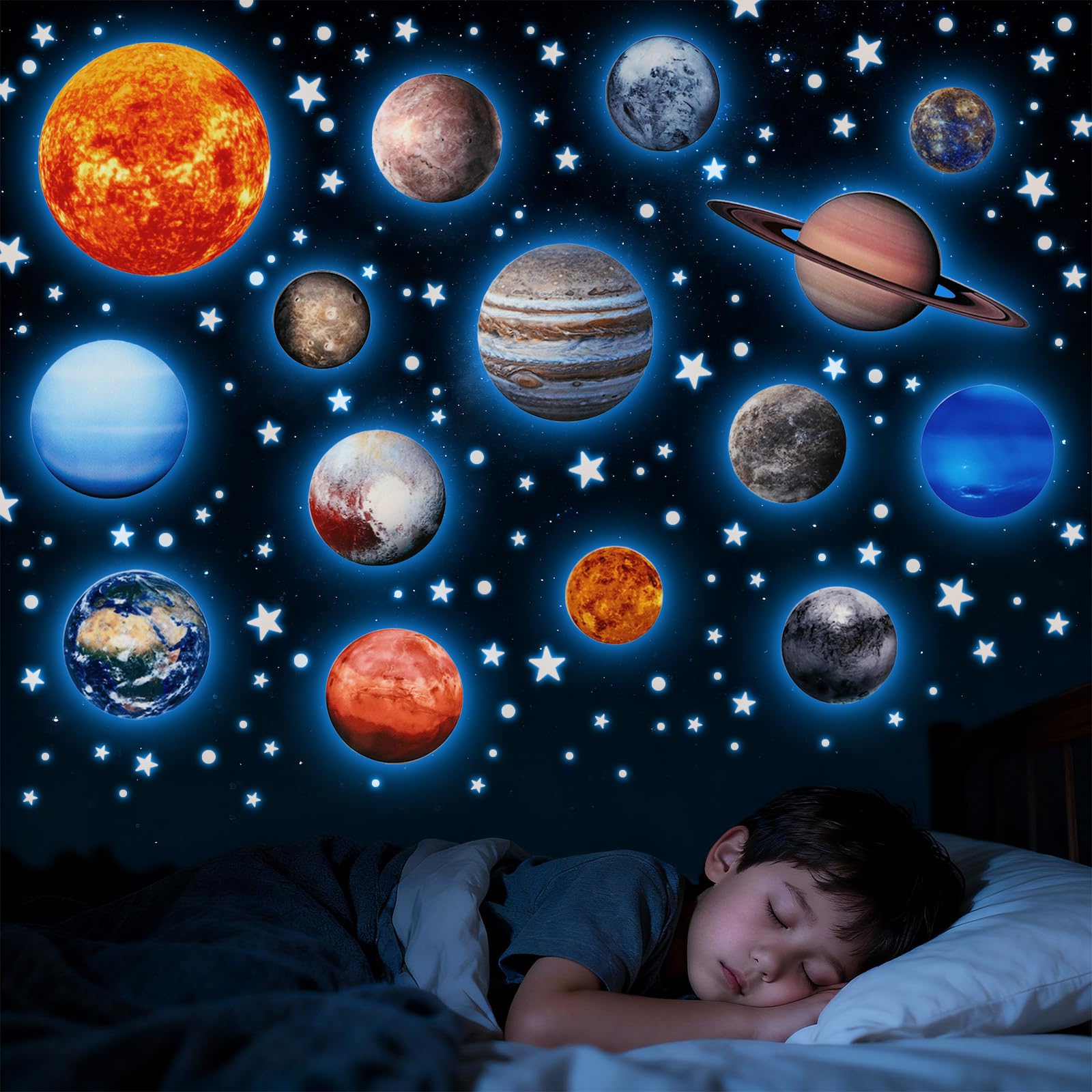 Fontien glow-in-the-dark stars and planets illuminate the ceiling for a magical bedtime.