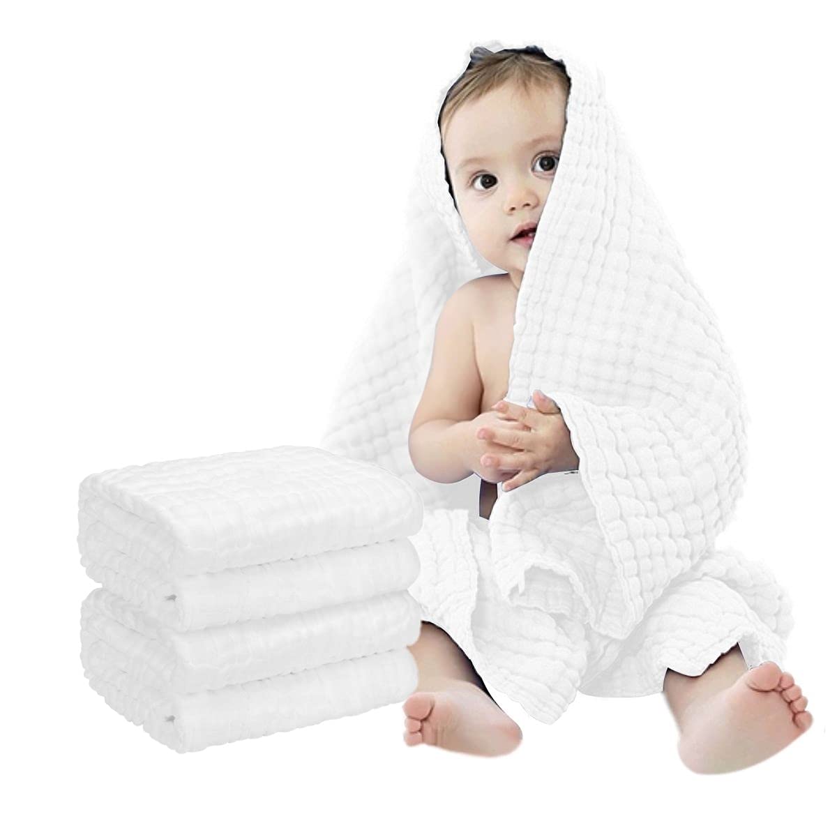 FOOK FISH muslin baby towel with six-layer honeycomb embossing for quick warmth after bath.
