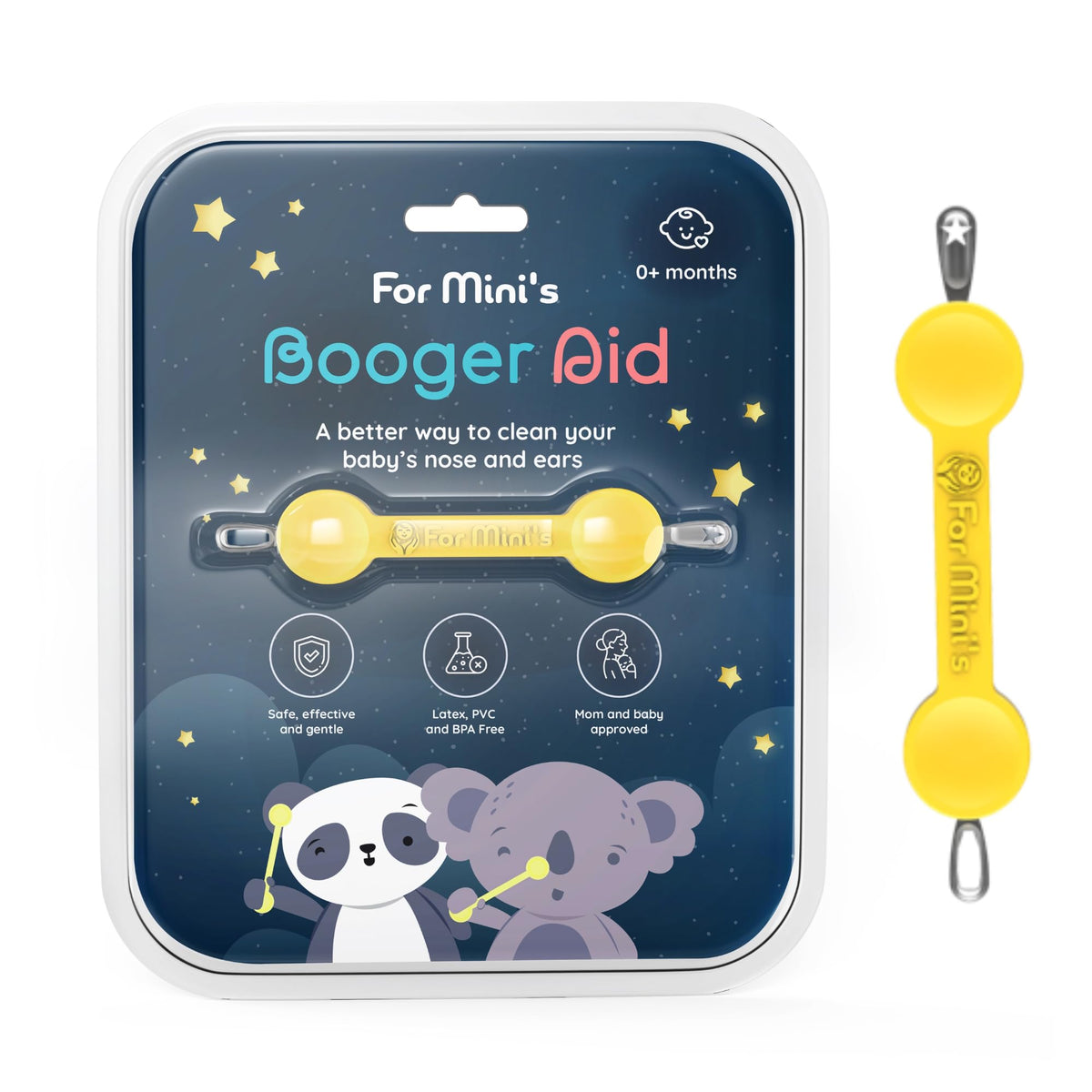 For Minis Booger Aid yellow small bottle shows safe, gentle cleaning for infants.