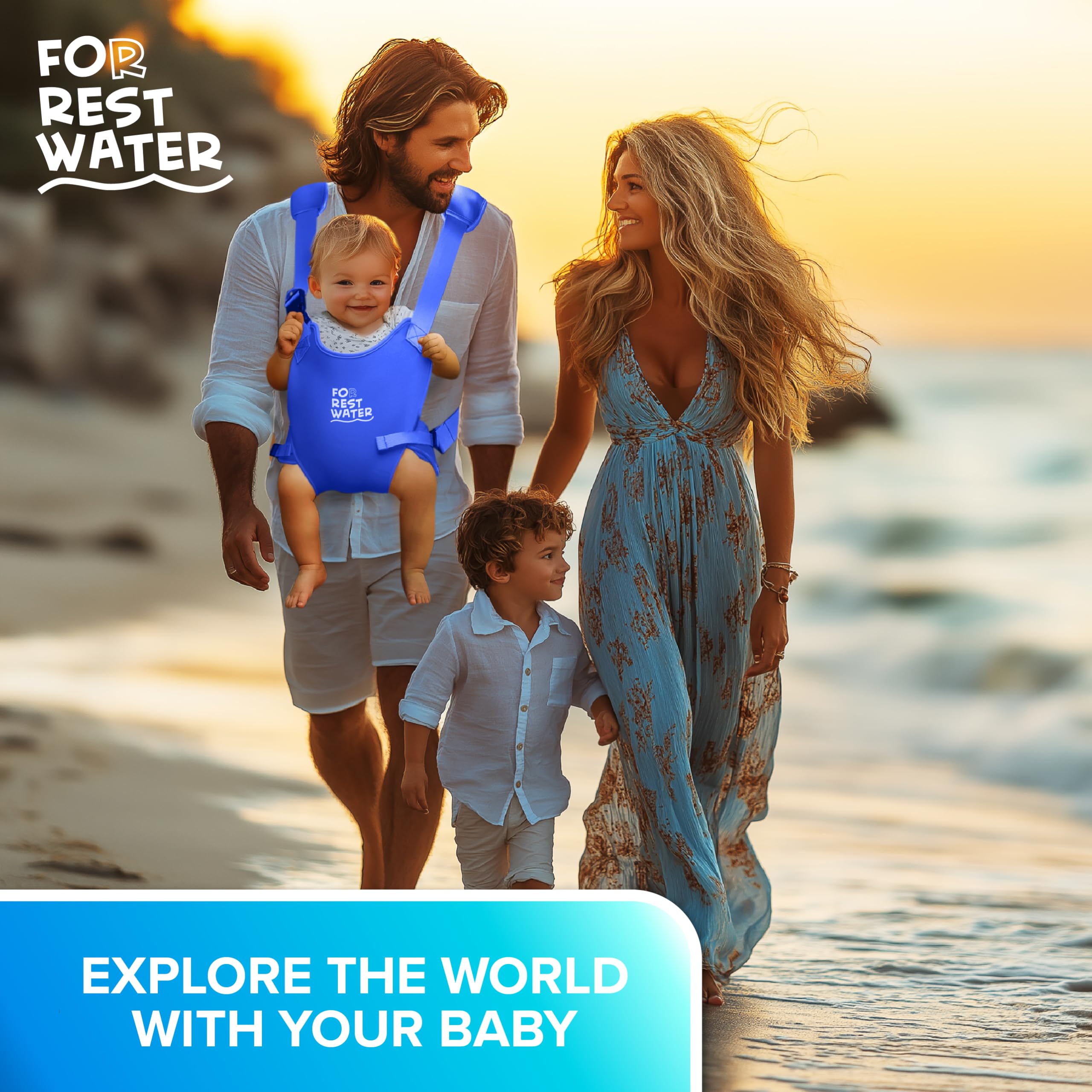 FOR REST WATER baby carrier on a family beach day keeps baby secure.
