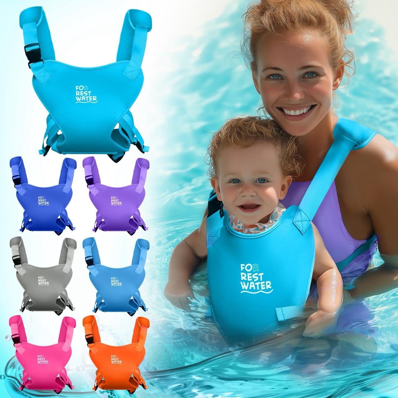 FOR REST WATER baby carrier front view shows adjustable fit for growing babies.