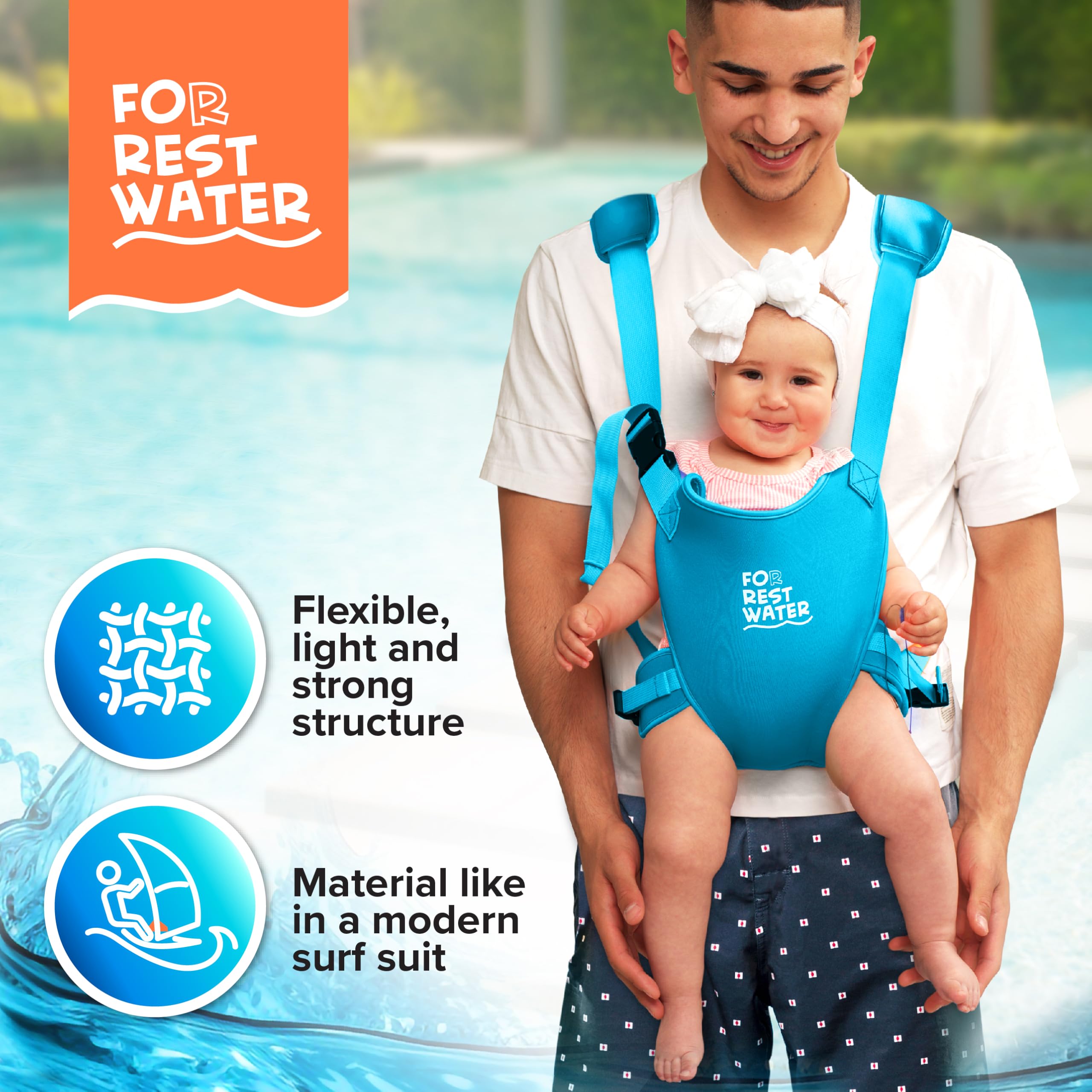 FOR REST WATER water-use shot shows baby comfortable during brief dips.