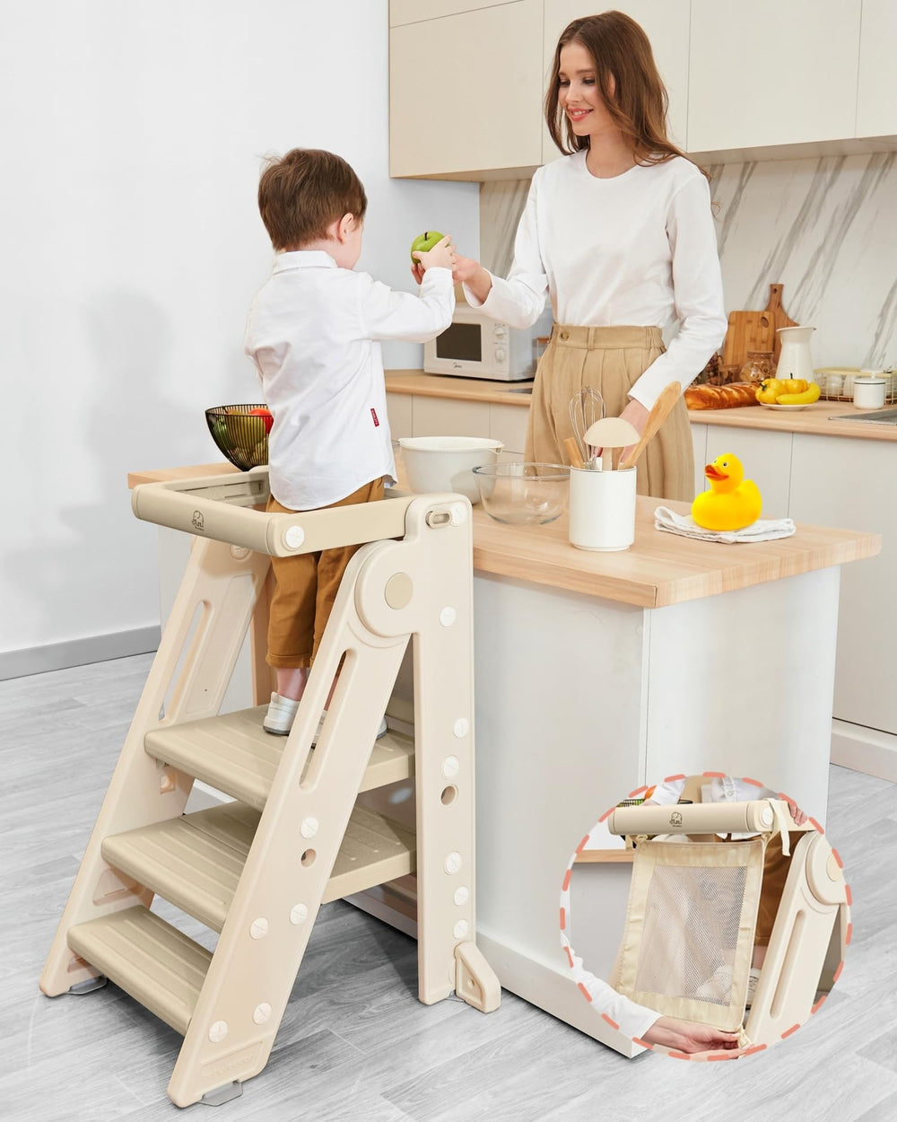Forbena collapsible tower apricot front view—sturdy design supports safe toddler independence.